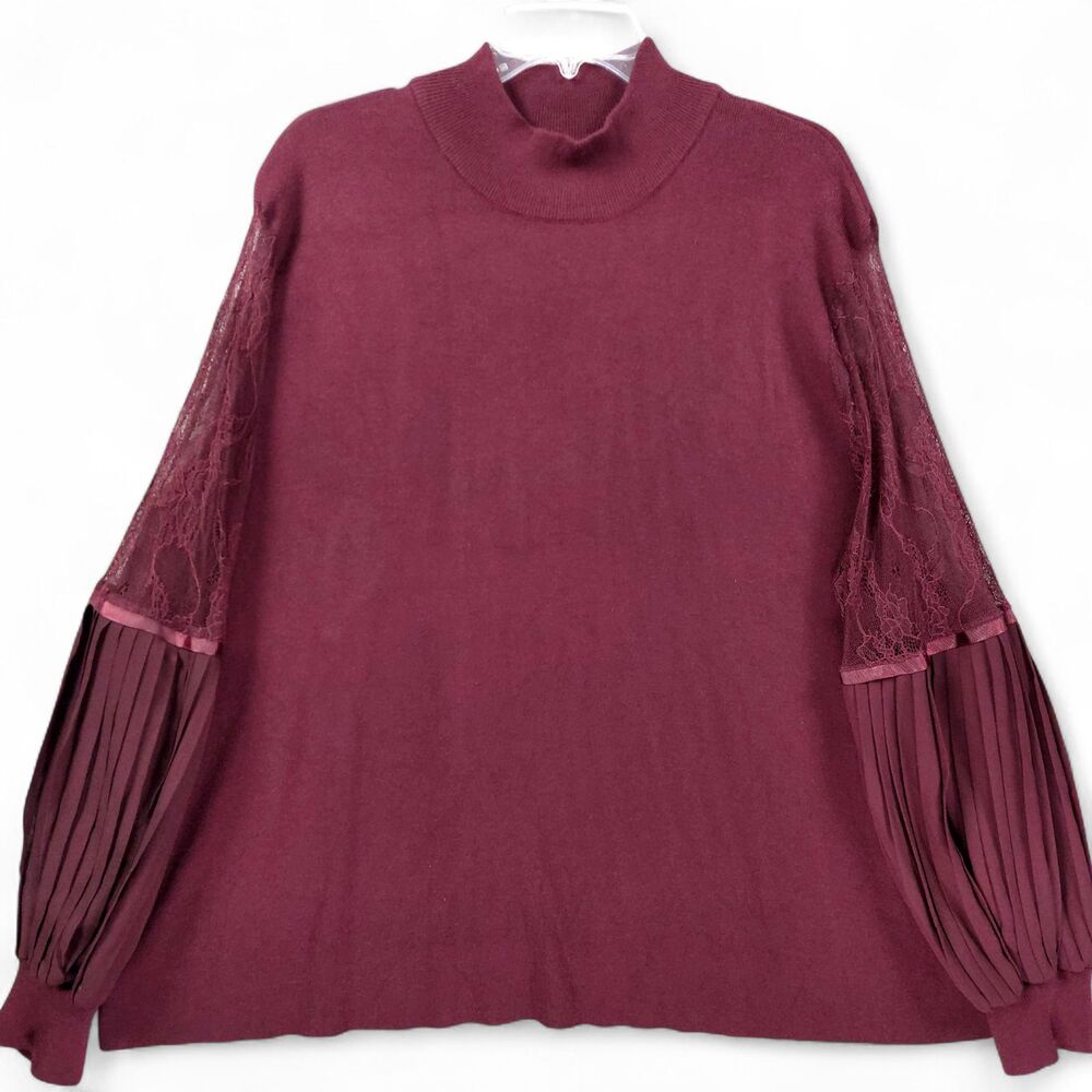 Belldini Plus 3X Top Burgundy Mock Neck Sweater Lace Chiffon Pleated Romantic